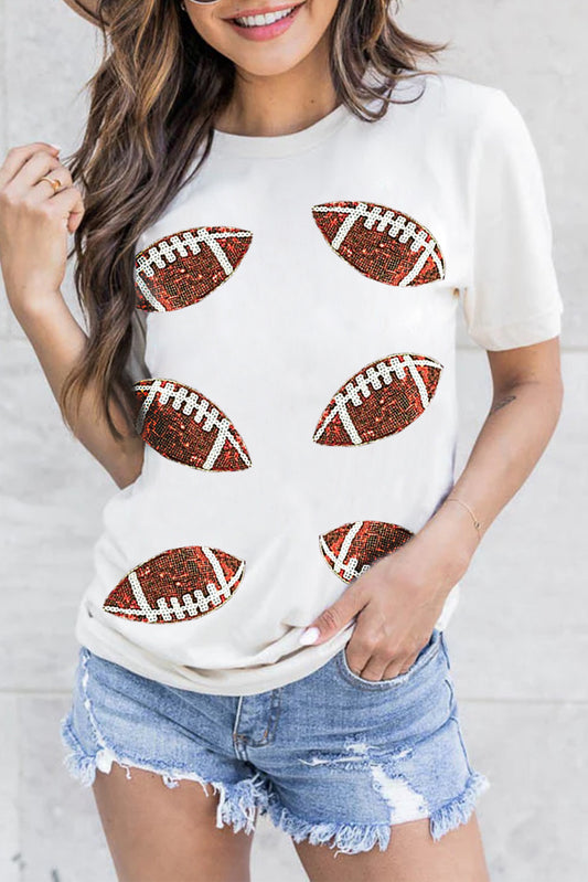 White Sequined Football Graphic Cotton T Shirt