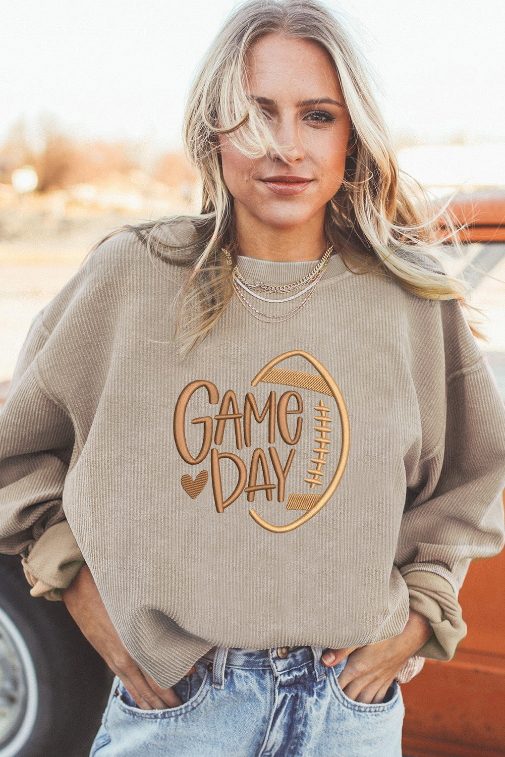 Tan Twisted Rib Texture Game Day Football Embroidered Baggy Sweatshirt