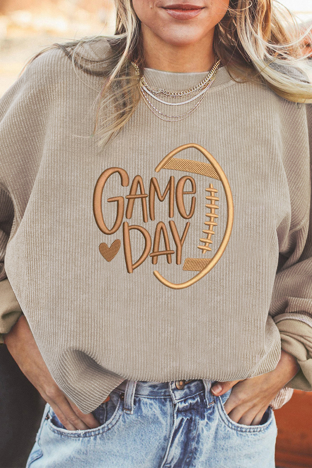 Tan Twisted Rib Texture Game Day Football Embroidered Baggy Sweatshirt
