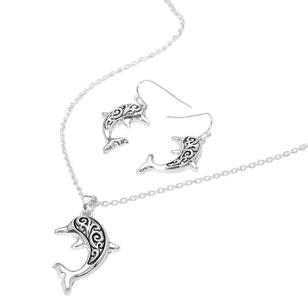 Antique Metal Dolphin Pendant Necklace