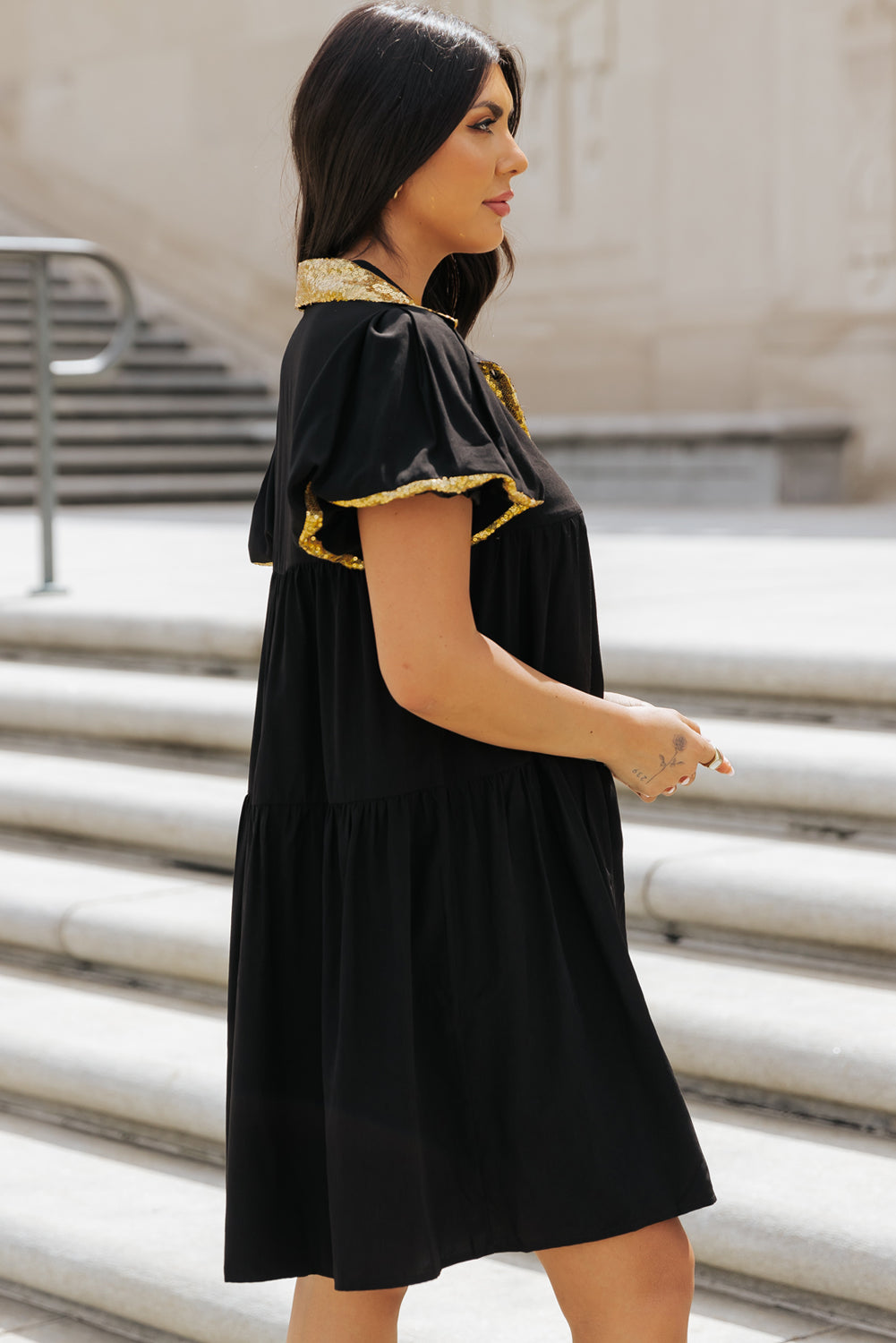 Black Sequin Trim Bubble Sleeve Shirt Dress