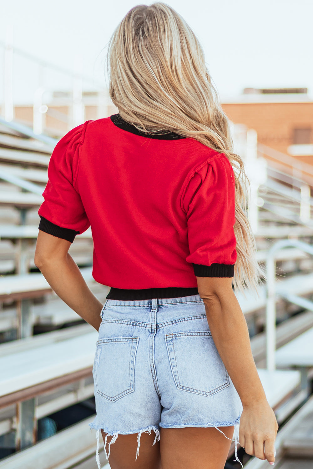 Red Sequin Football Color Block Puff Short Sleeve Sweater