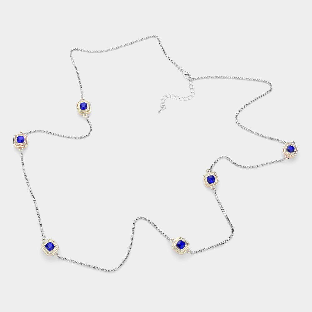 14K Gold Plated Two Tone Square Pendant Station Necklace