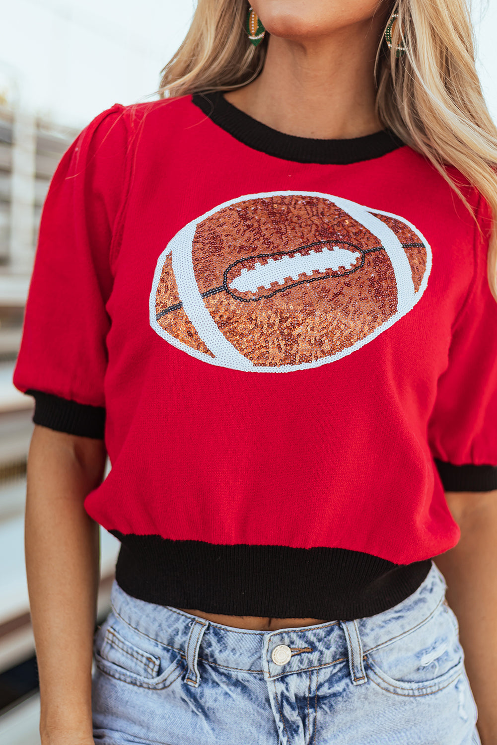 Red Sequin Football Color Block Puff Short Sleeve Sweater