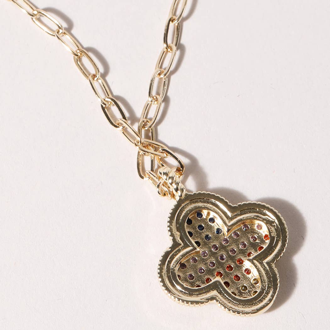 Multicolor Stone Pave Clover Necklace
