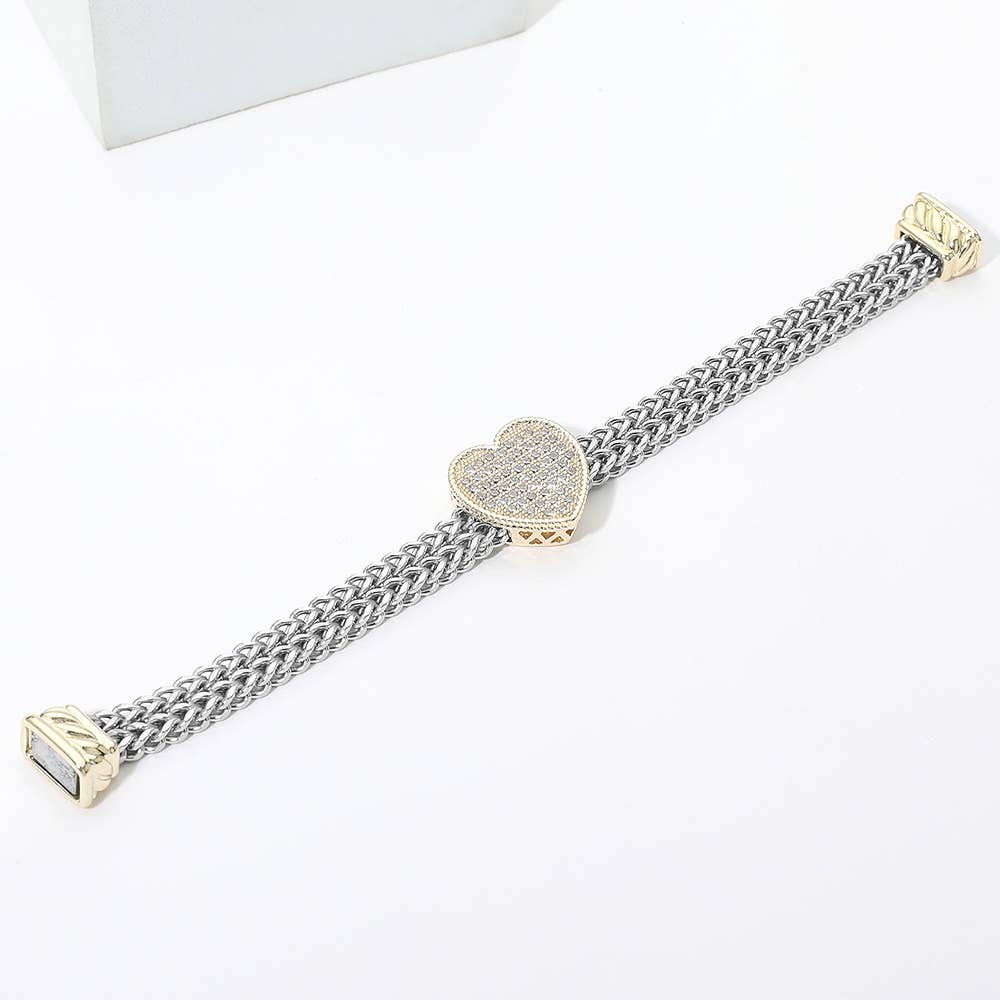 14K Gold Plated Two Tone Pave Heart Centerpiece Mesh Chain Magnetic Bracelet