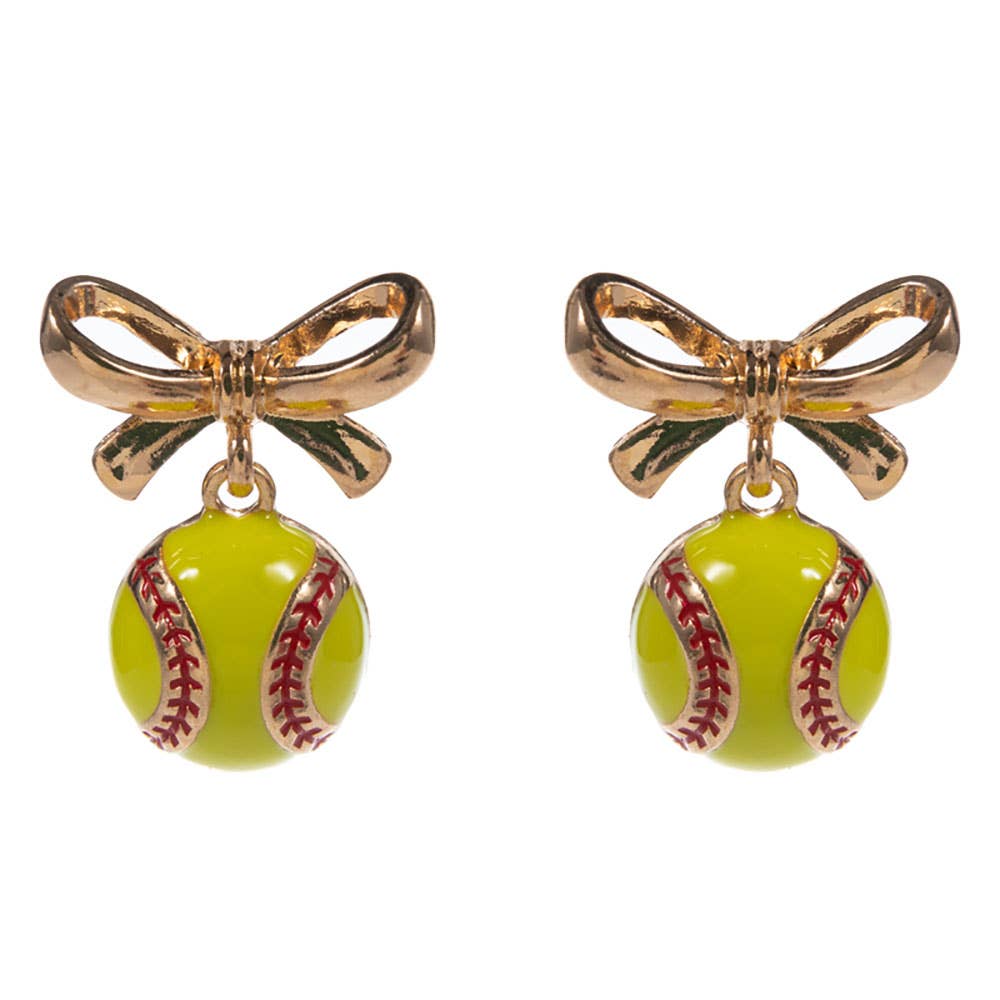 Bow Accent Softball Dangle Earrings