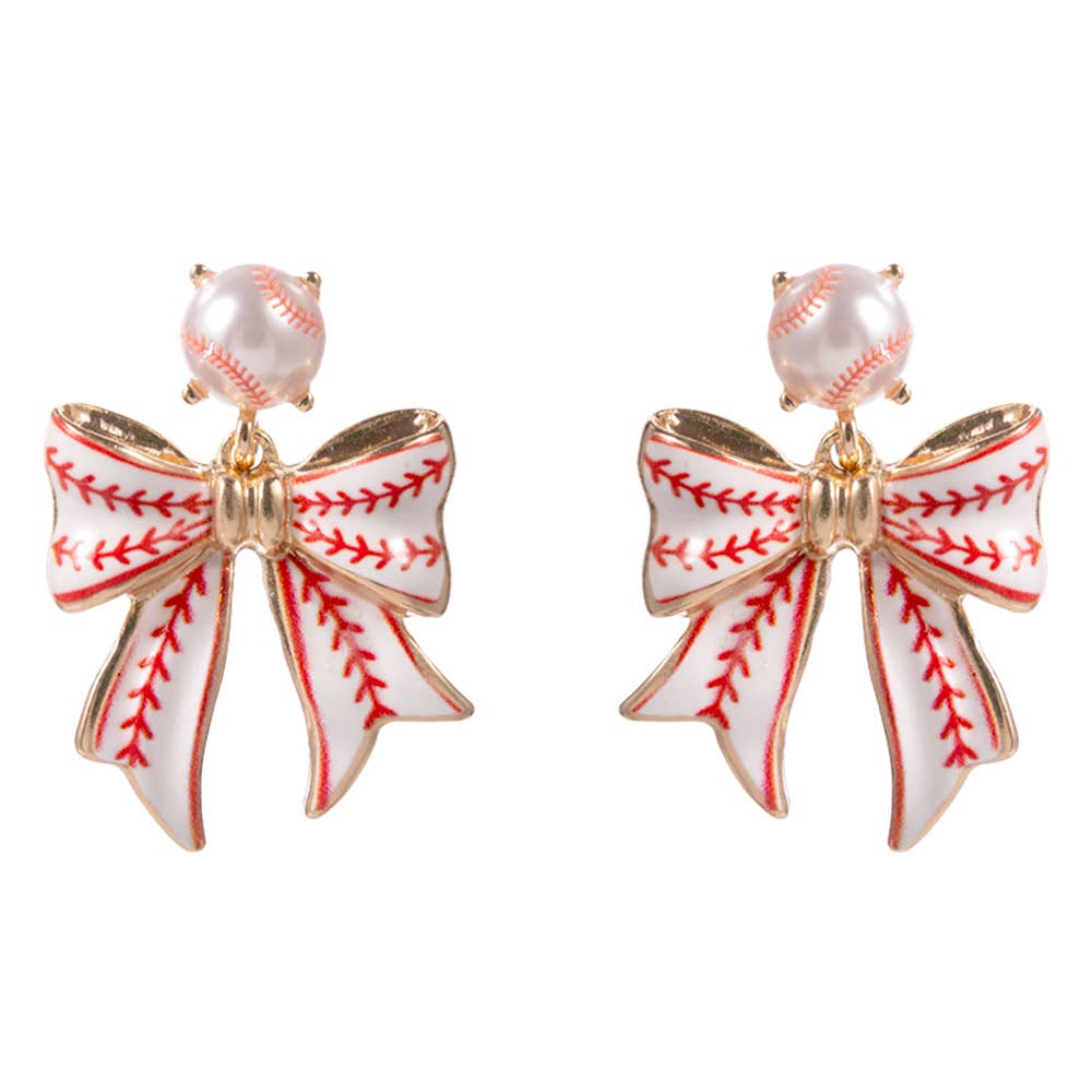 Baseball Bow Charm Drop Dangle Earrings