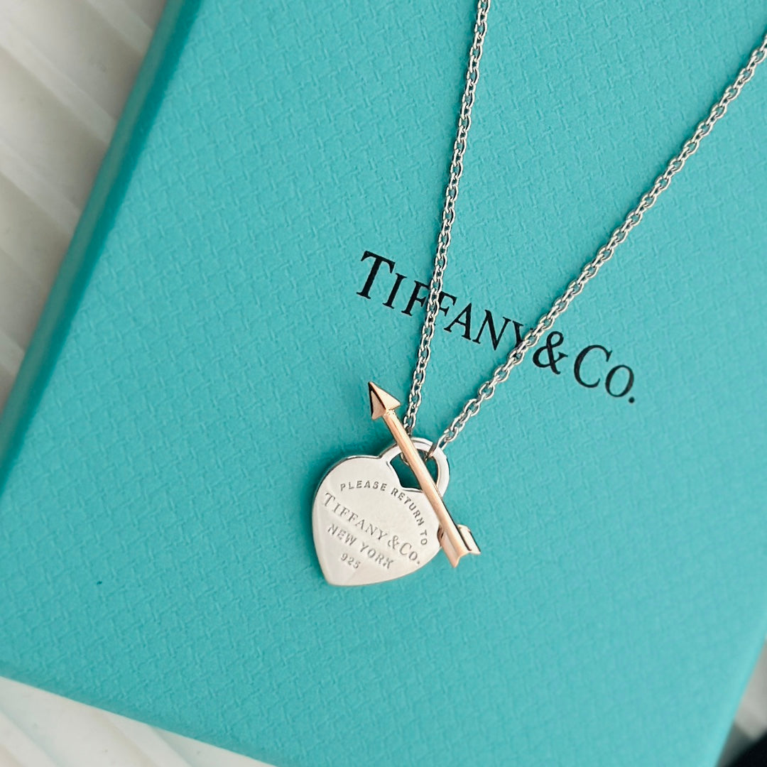 Silver Heart Tag Pendant with Rose Gold Arrow-Necklace