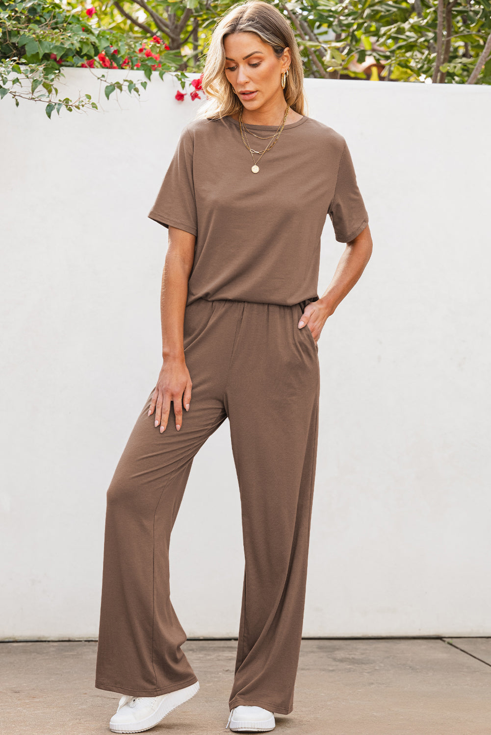 Coffee Brown Solid Color T Shirt 2pcs Wide Leg Pants Set