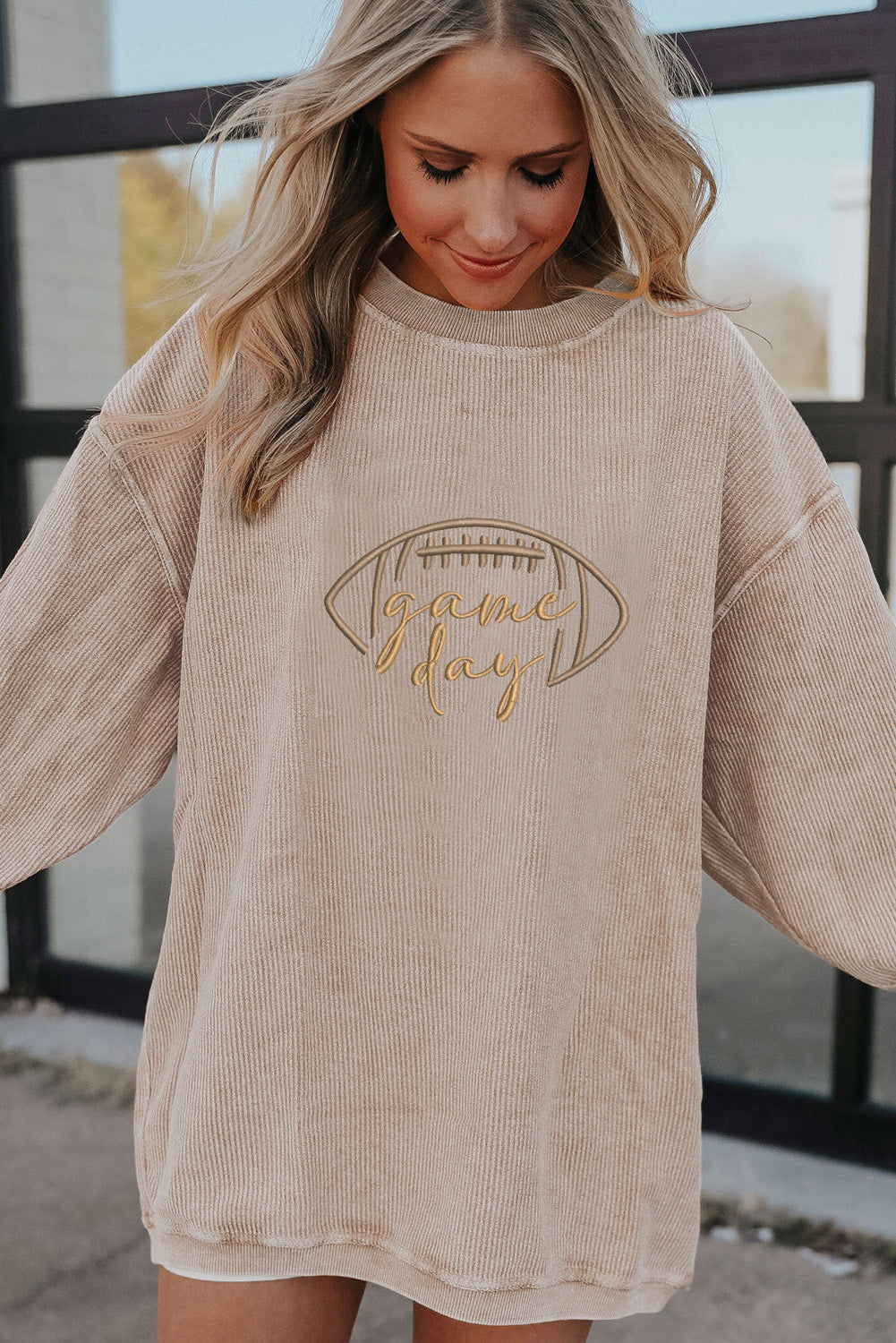 Apricot Football Game Day Embroidered Corduroy Sweatshirt