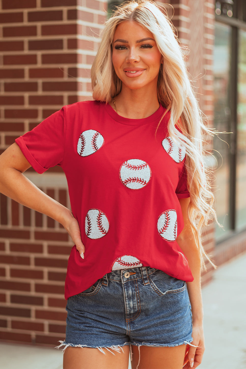 Red Glittering Baseball Pattern Crew Neck Game Day T Shirt