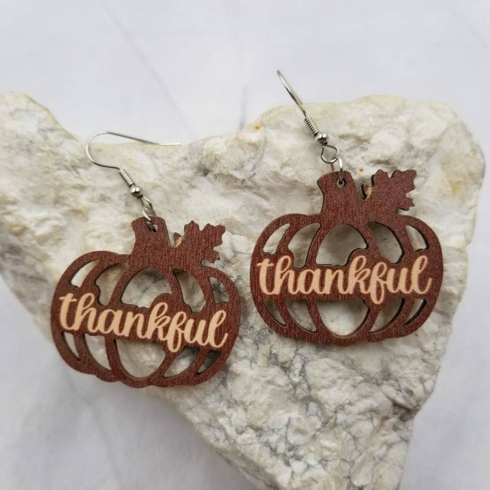 Thankful Pumpkin Wooden Earrings