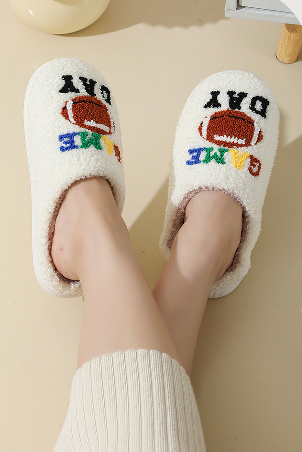 White GAME DAY Football Plush Slippers