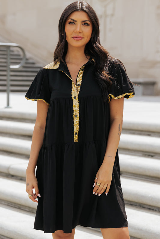 Black Sequin Trim Bubble Sleeve  Shirt Dress