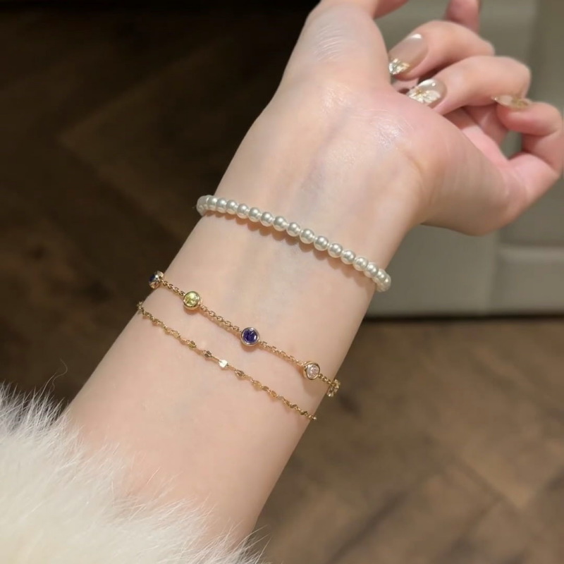 Rainbow Color Stone Double Chain Bracelet in Solid Copper