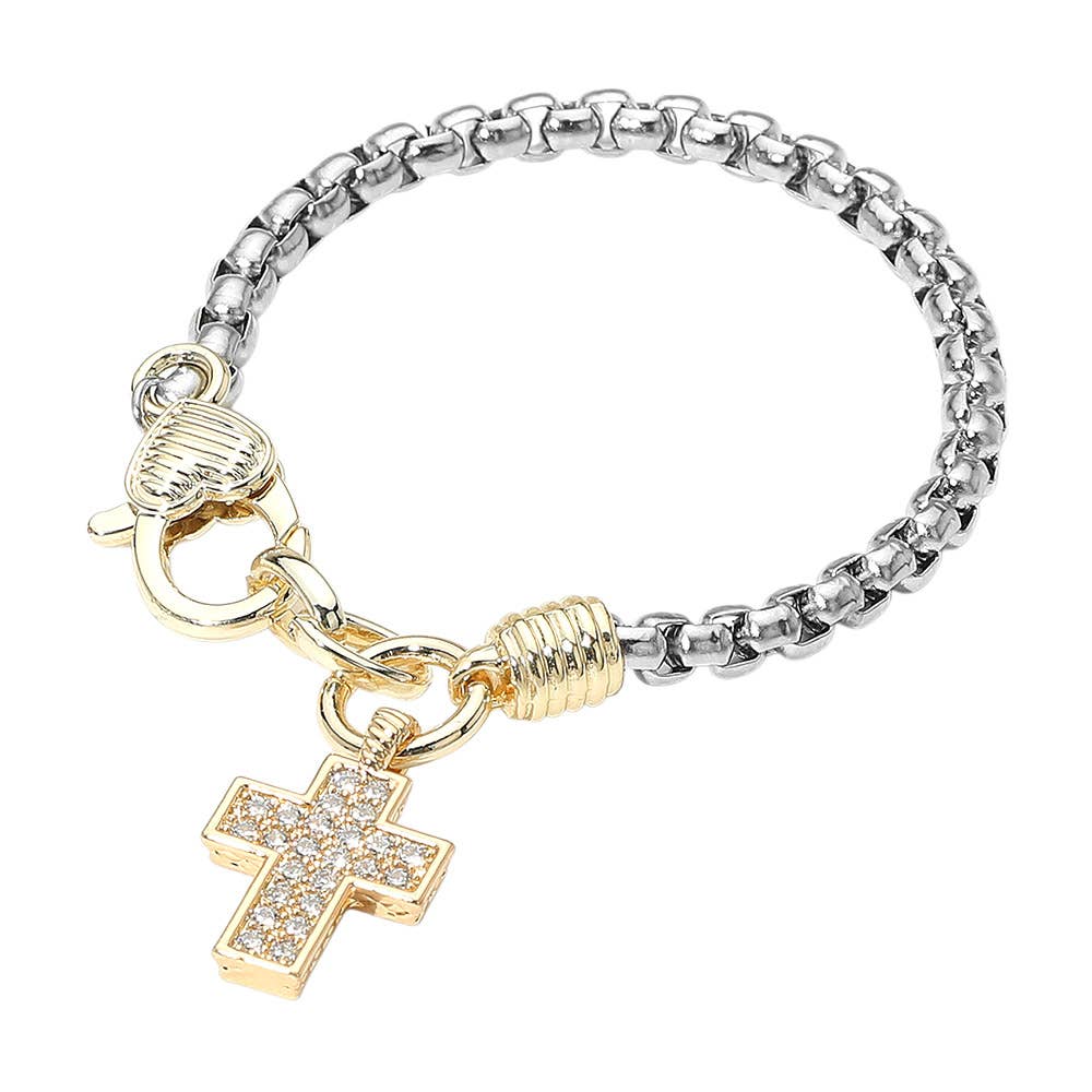 14K Gold Plated Stone Paved Cross Charm Two Tone Bracelet