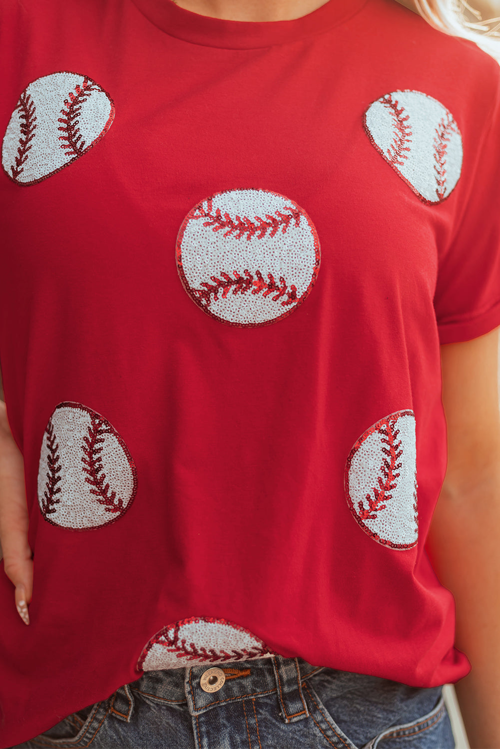Red Glittering Baseball Pattern Crew Neck Game Day T Shirt