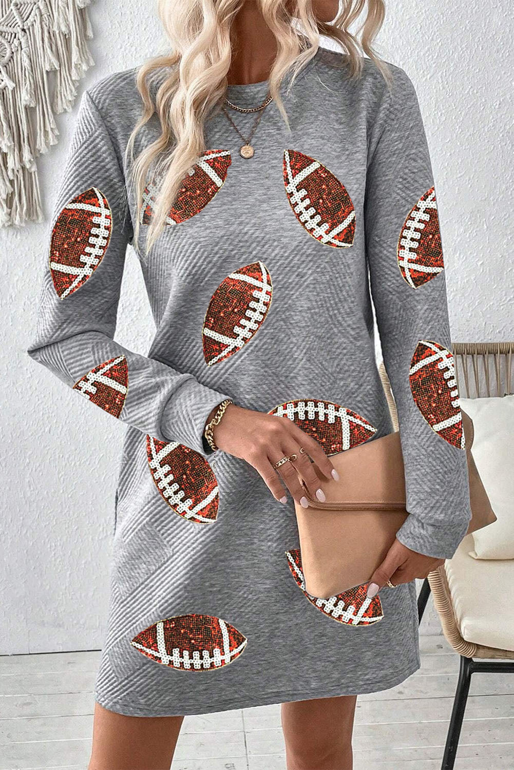 Gray Sequin Football Graphic Textured Long Sleeve Shift Mini Dress