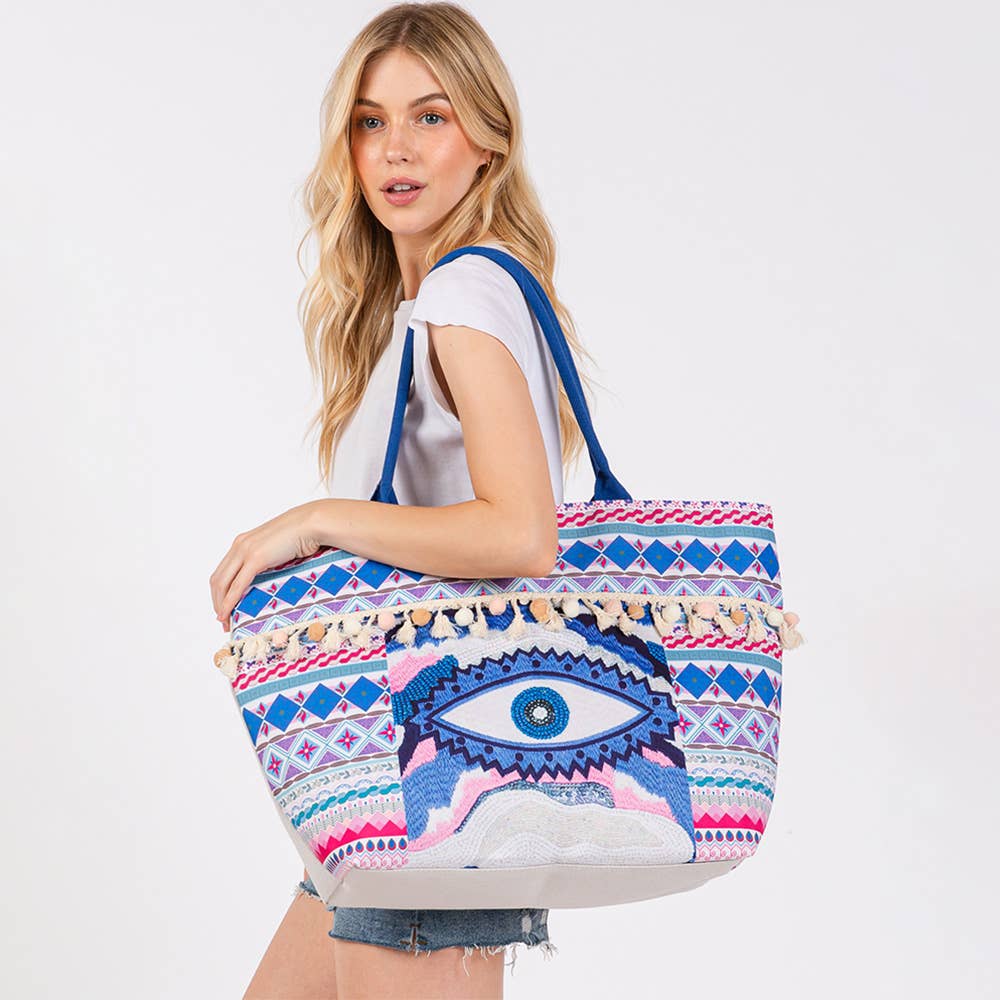 Evil Eye Boho Print Pom Pom fringe Tote Bag