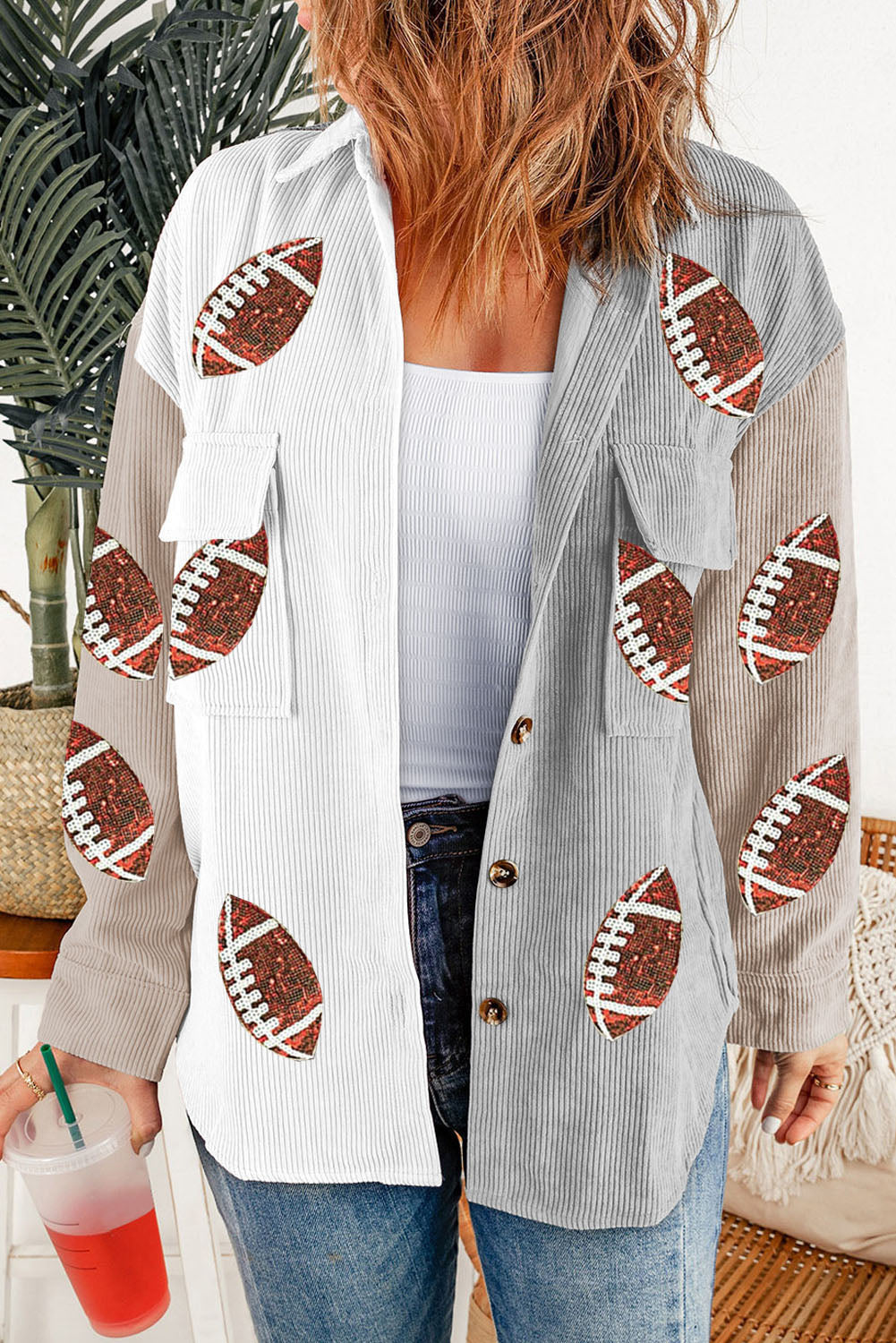 White Sequin Football Graphic Flap Pockets Corduroy Shacket