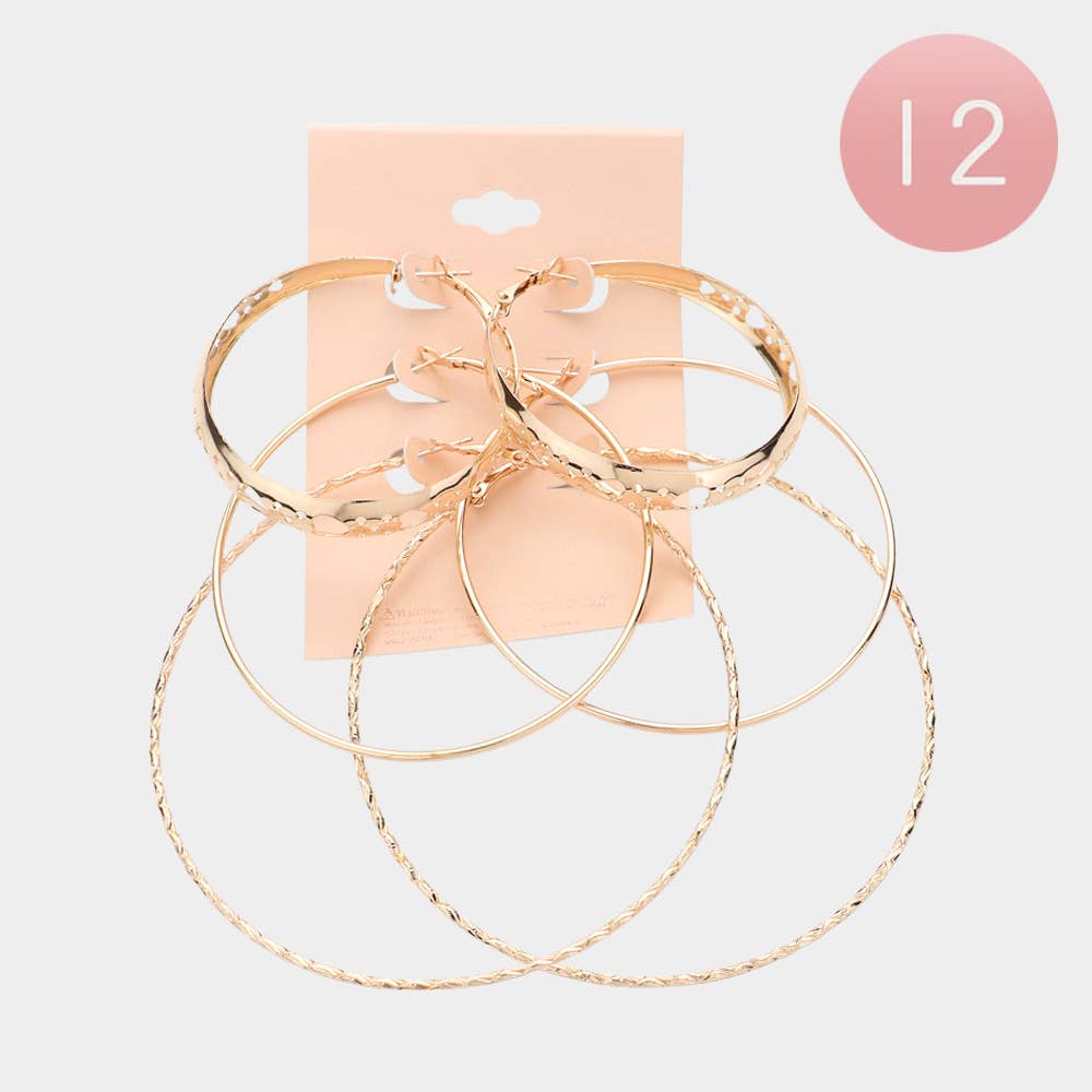 SET OF 3 - Textured Metal Hoop Earrings