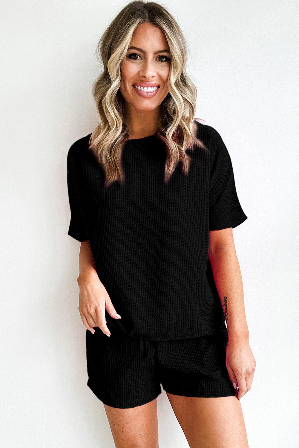 Black Casual Waffle Textured Tee and Drawstring Shorts Set