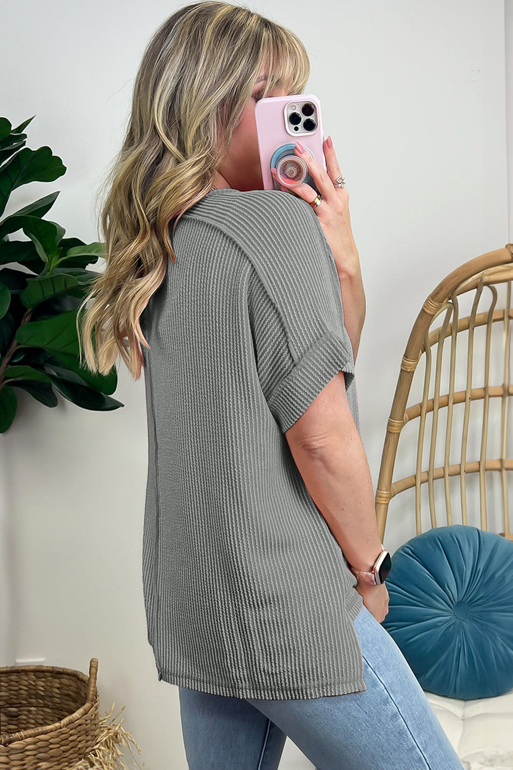 Grey Sequin Baseball Pattern Corded Crewneck T Shirt