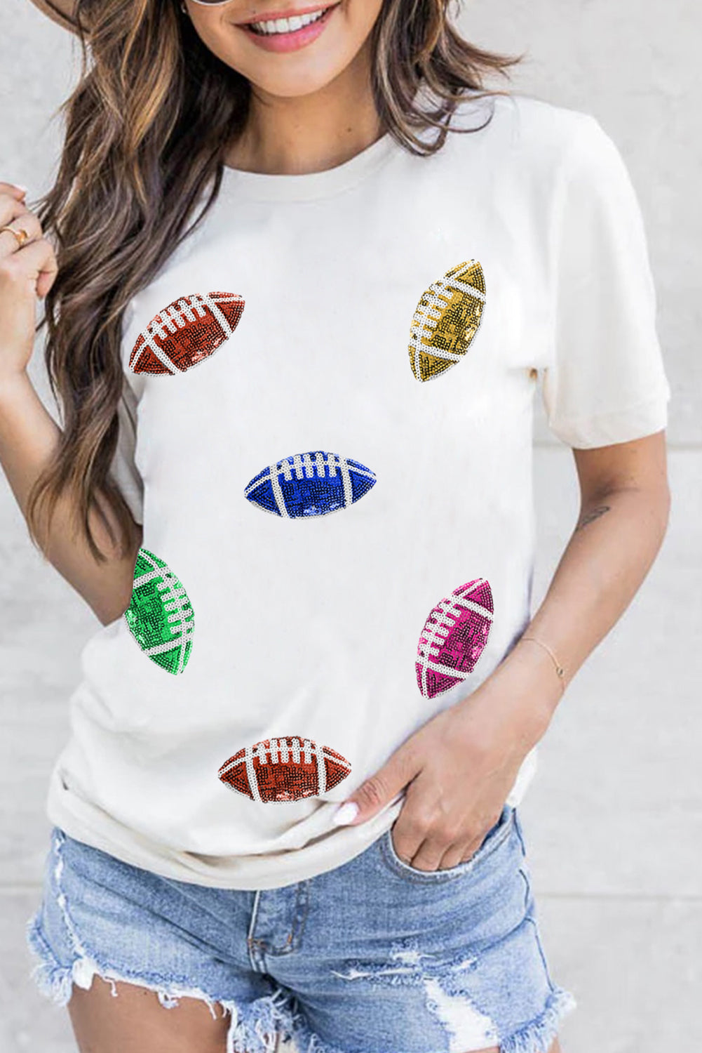 White Sequin Football Pattern Crewneck T Shirt