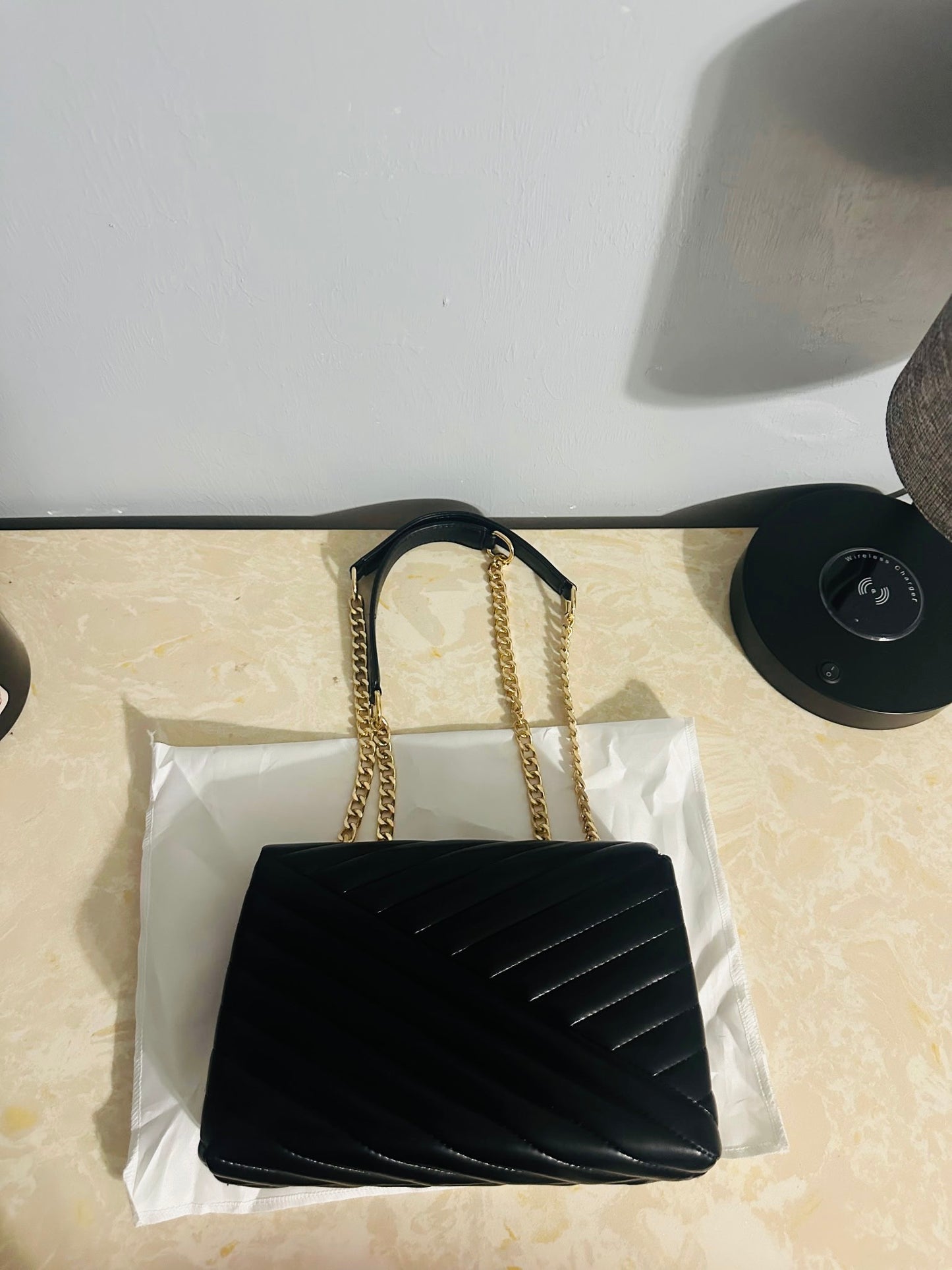 Black Handbag with Gold Strap