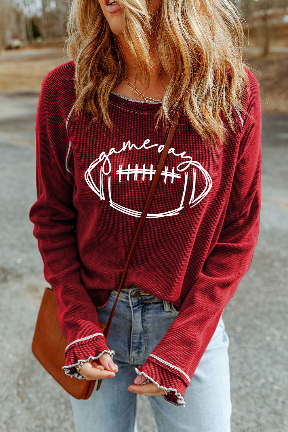 Red Game Day Football Graphic Thermal Knit Top