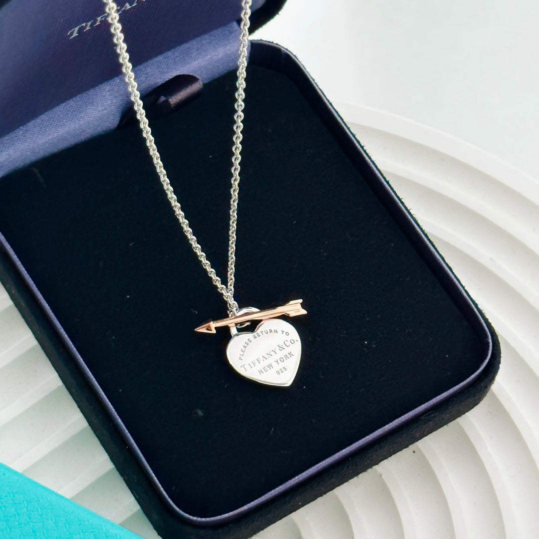 Silver Heart Tag Pendant with Rose Gold Arrow-Necklace