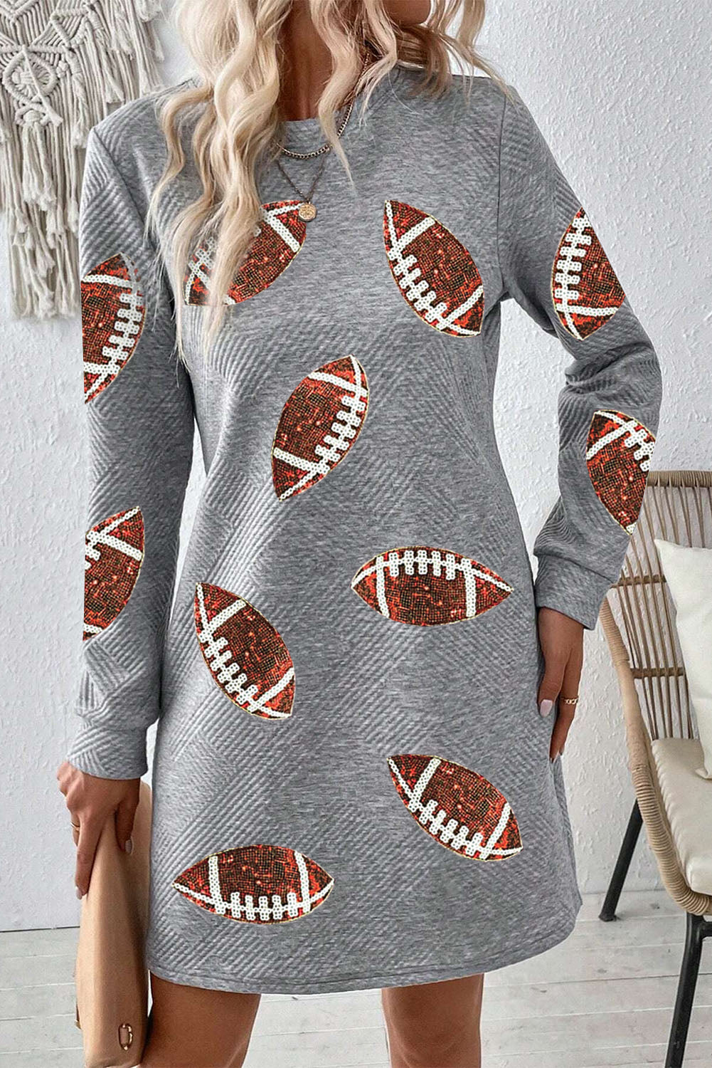 Gray Sequin Football Graphic Textured Long Sleeve Shift Mini Dress