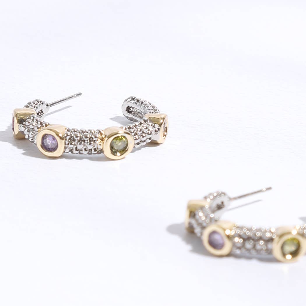 Stones Gold Pointed Silver Hoop Post Earring