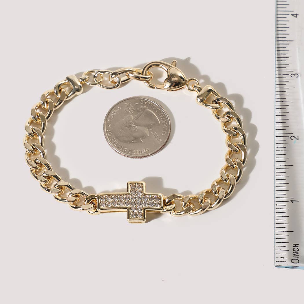 Gold Cuban Link Pave Cross Bracelet