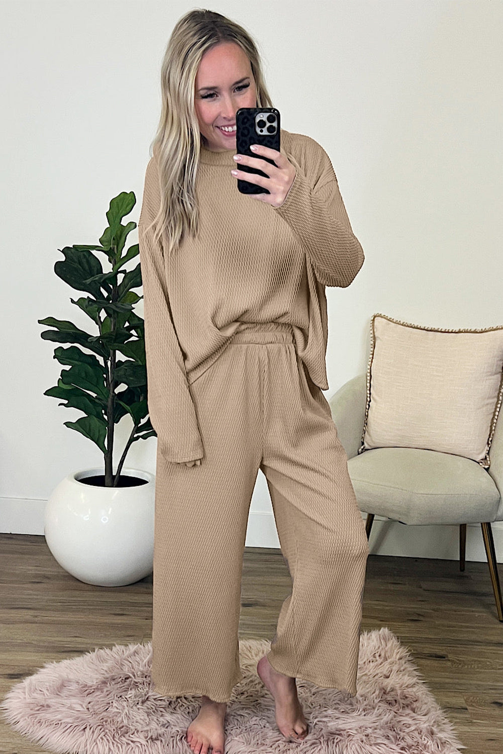 Khaki Waffle Loose Textured Pullover and Pants Outfit