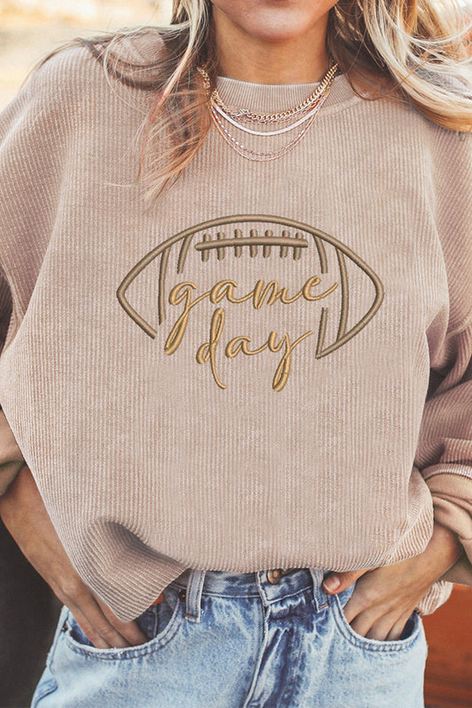 Apricot Football Game Day Embroidered Corduroy Sweatshirt
