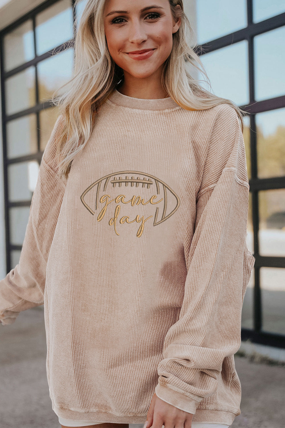 Apricot Football Game Day Embroidered Corduroy Sweatshirt
