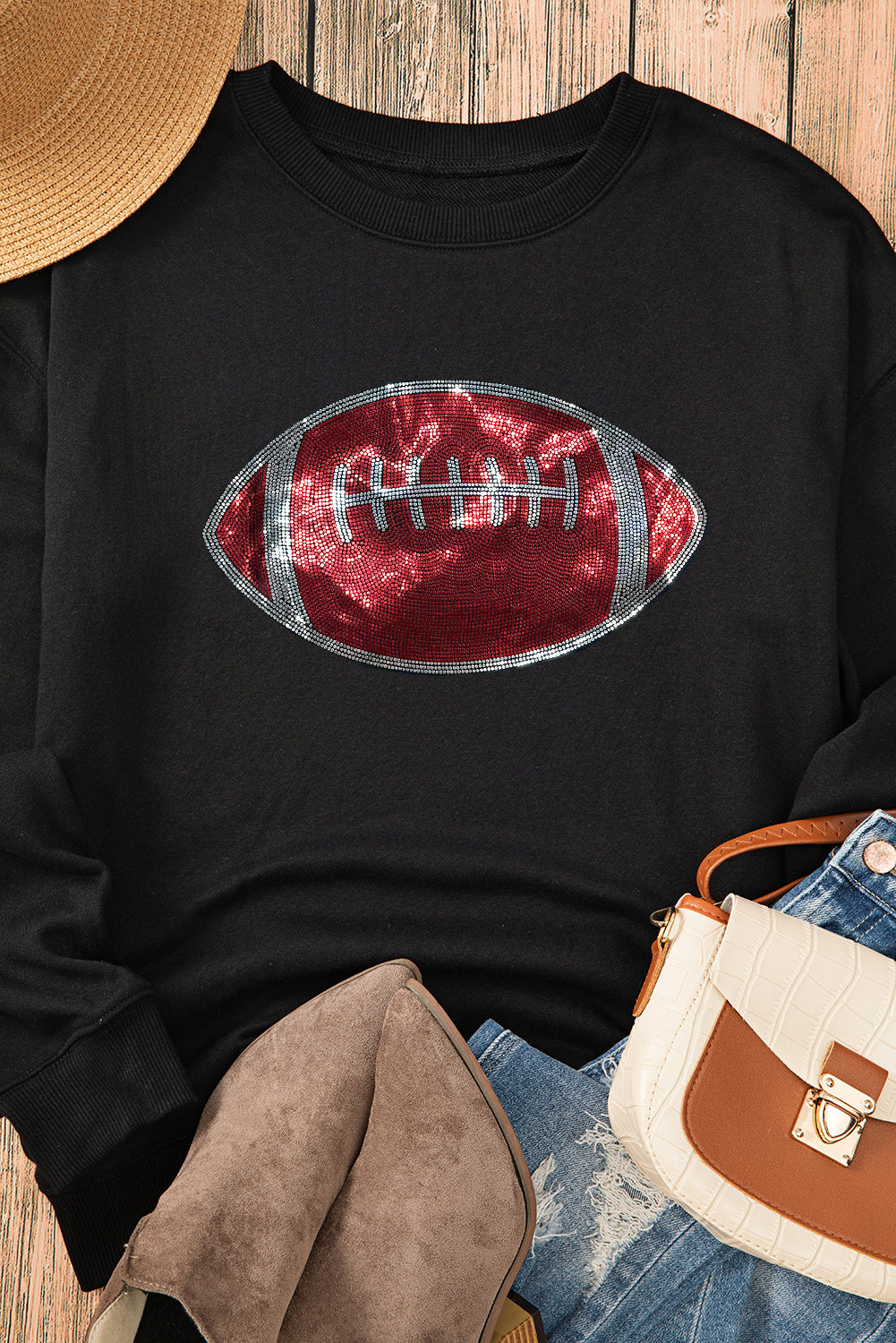 Black Rhinestone Football Pattern Crew Neck Pullover Sweatshirt