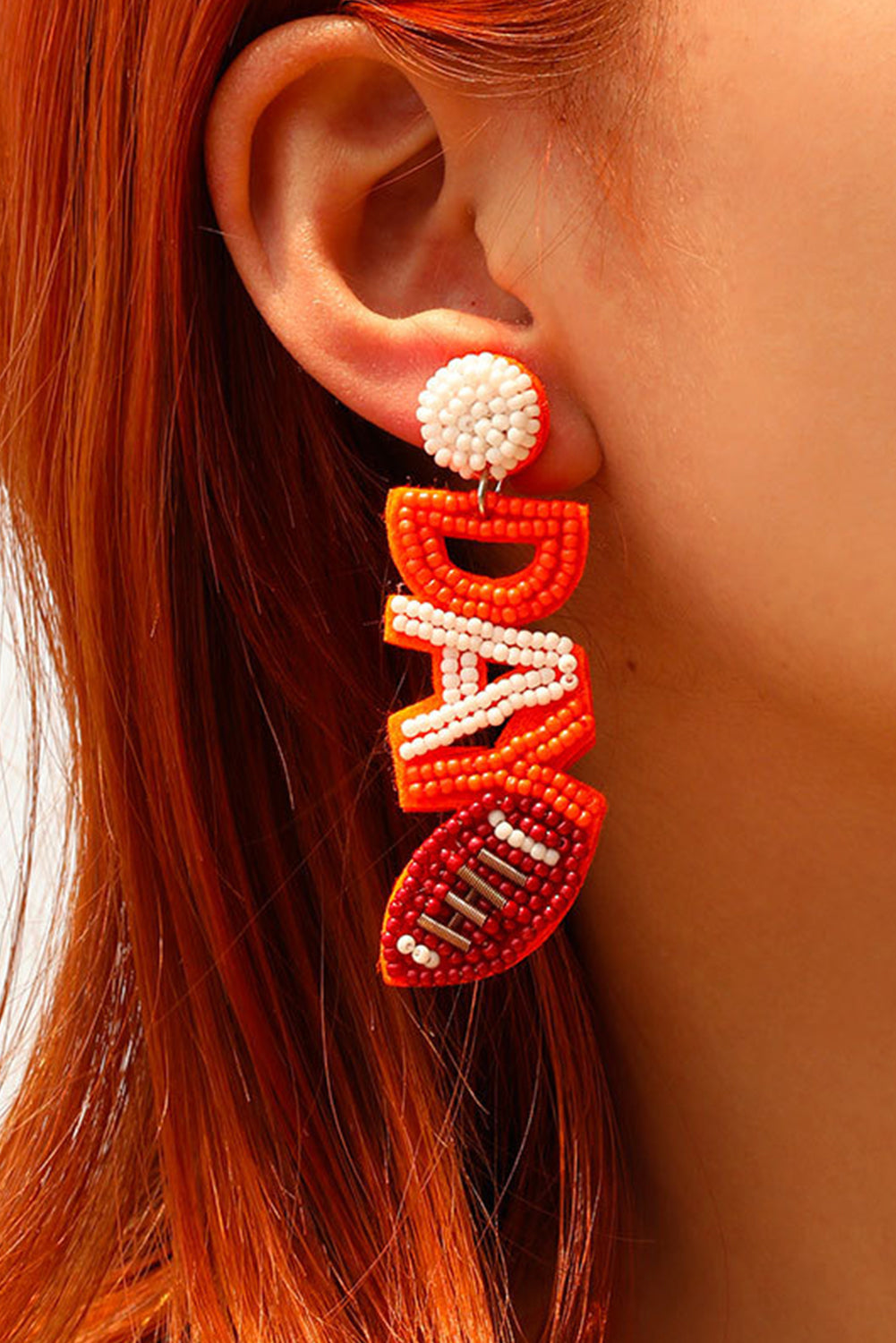 Orange GAME DAY Football Rice Bead Dangle Stud Earrings