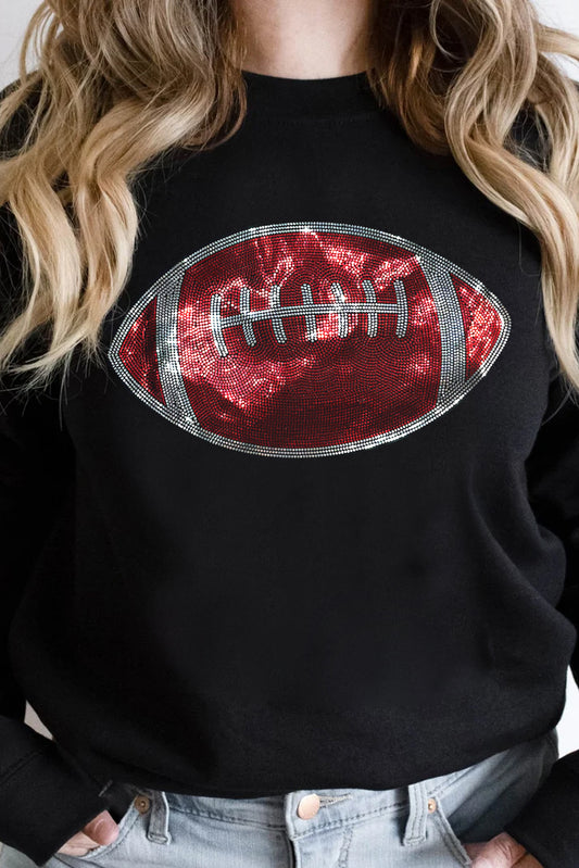 Black Rhinestone Football Pattern Crew Neck Pullover Sweatshirt