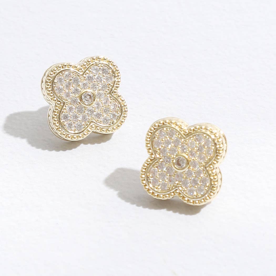 Gold Tone Outline Pave Clover Post Earrings
