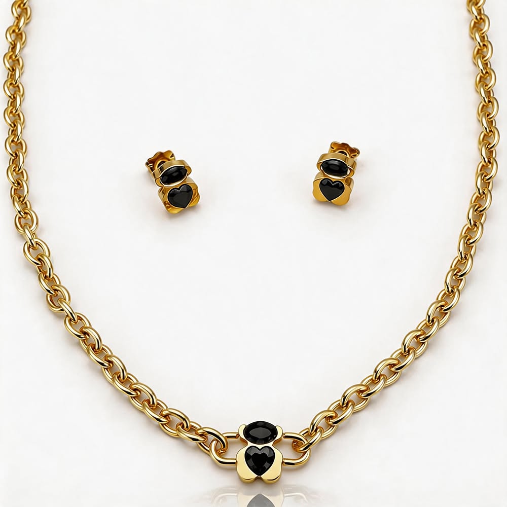 Midnight Heart Gold Necklace & Stud Earrings Set