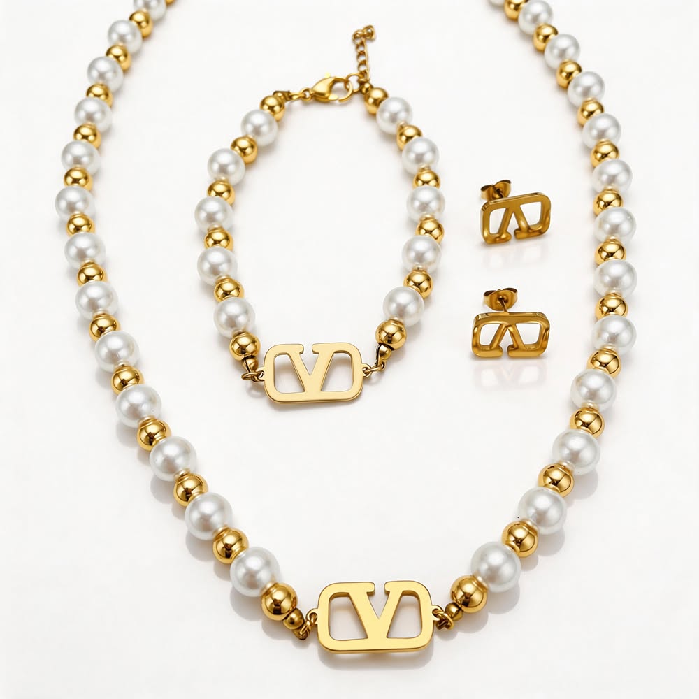 Pearl‑Gold Emblem Bead Jewelry Set