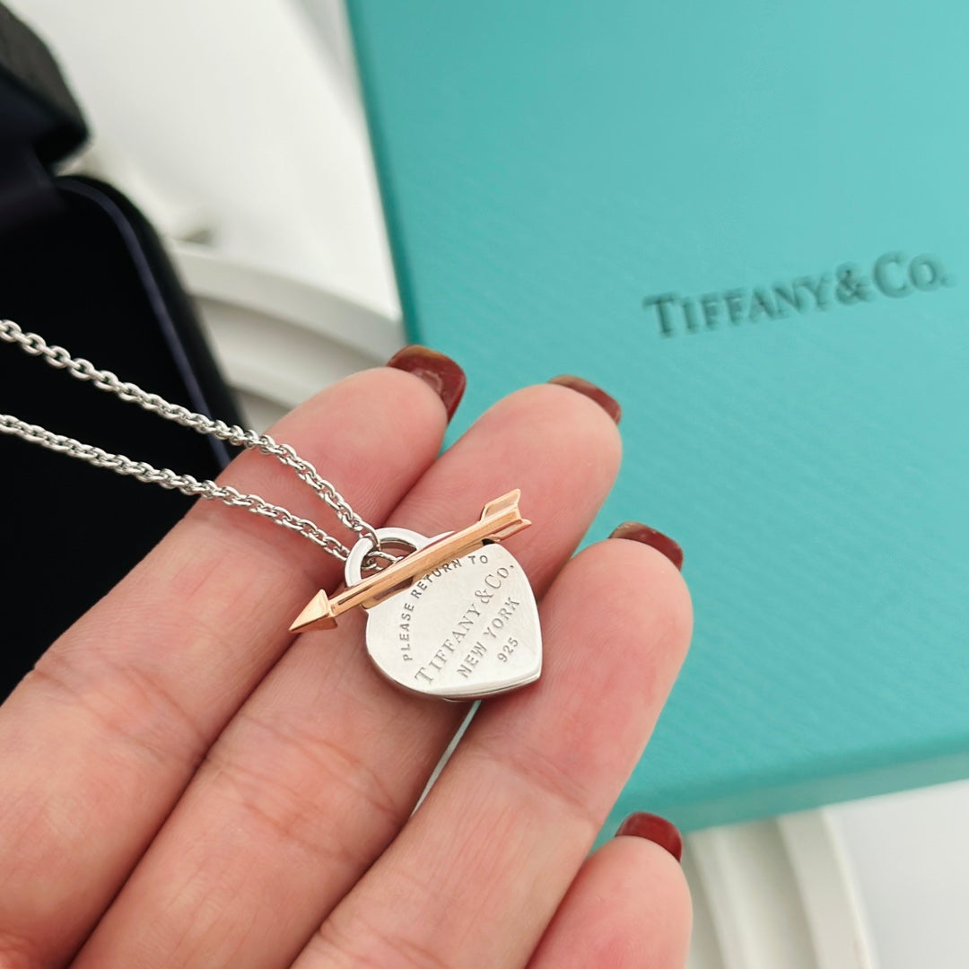 Silver Heart Tag Pendant with Rose Gold Arrow-Necklace