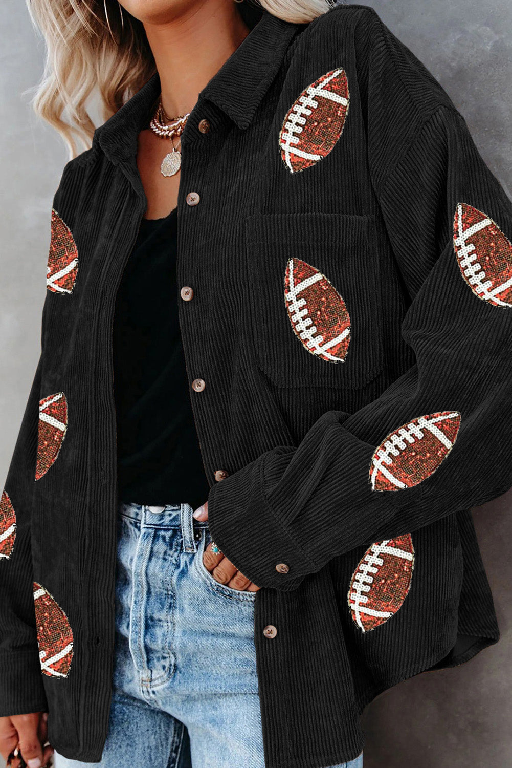 Black Sequin Football Pattern Buttoned Corduroy Shacket
