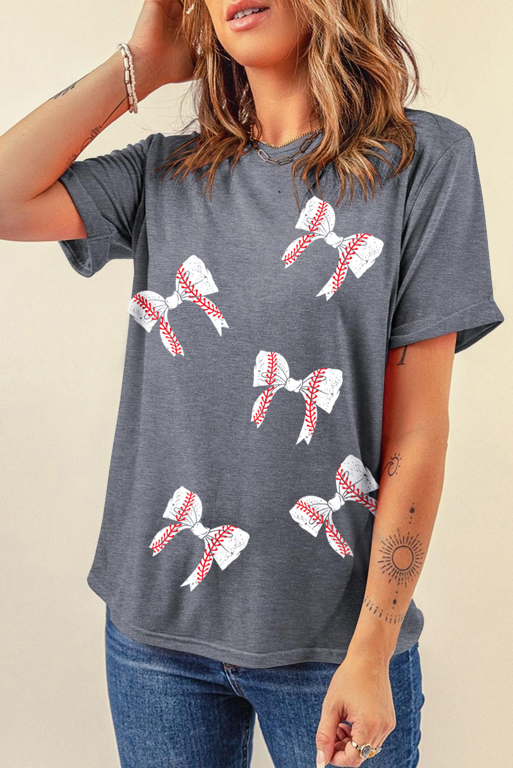 Gray Baseball Bow Knot Print Crewneck Casual T Shirt