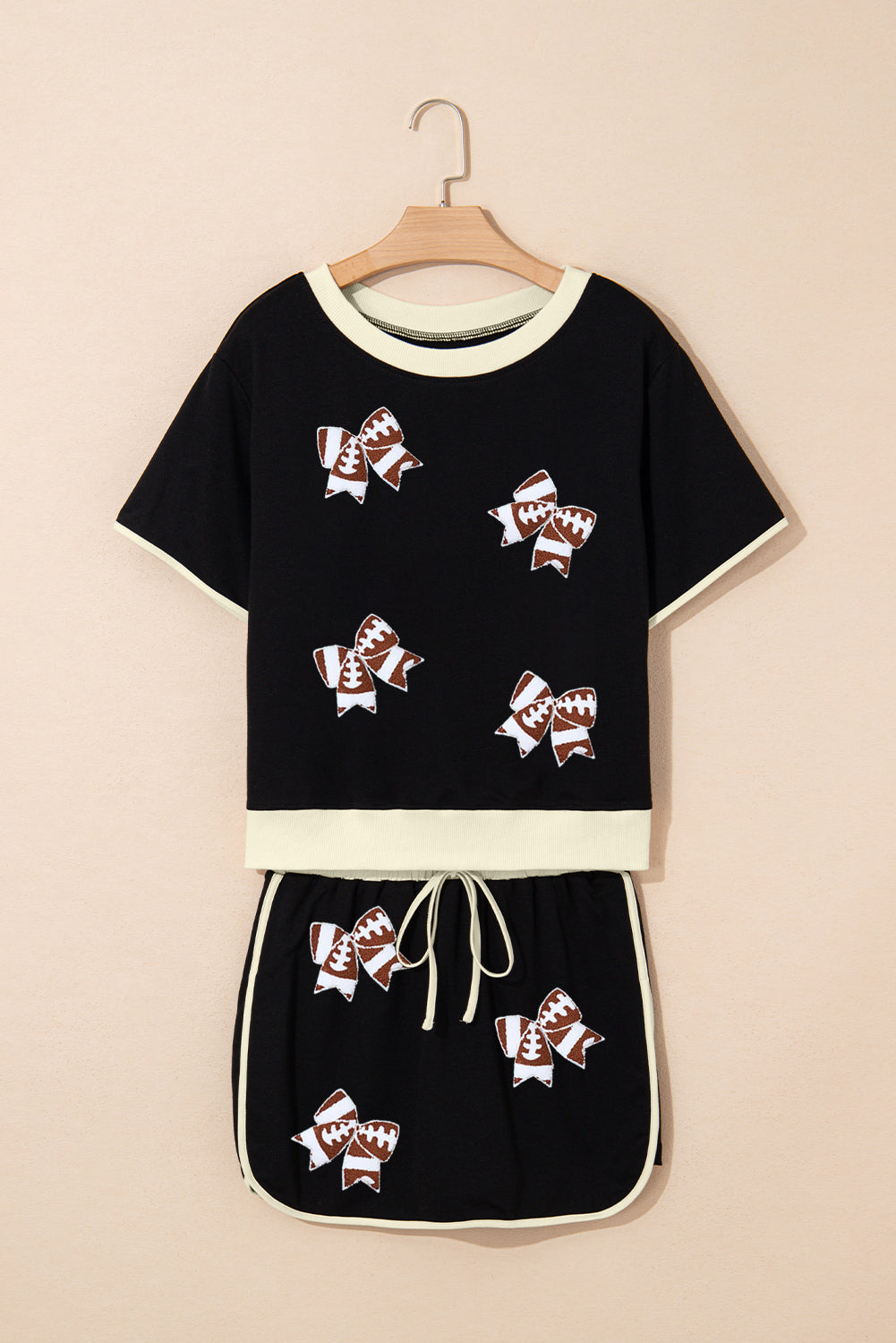 Black Sequin Football Bow Patched Colorblock Edge Tee and Skort Set