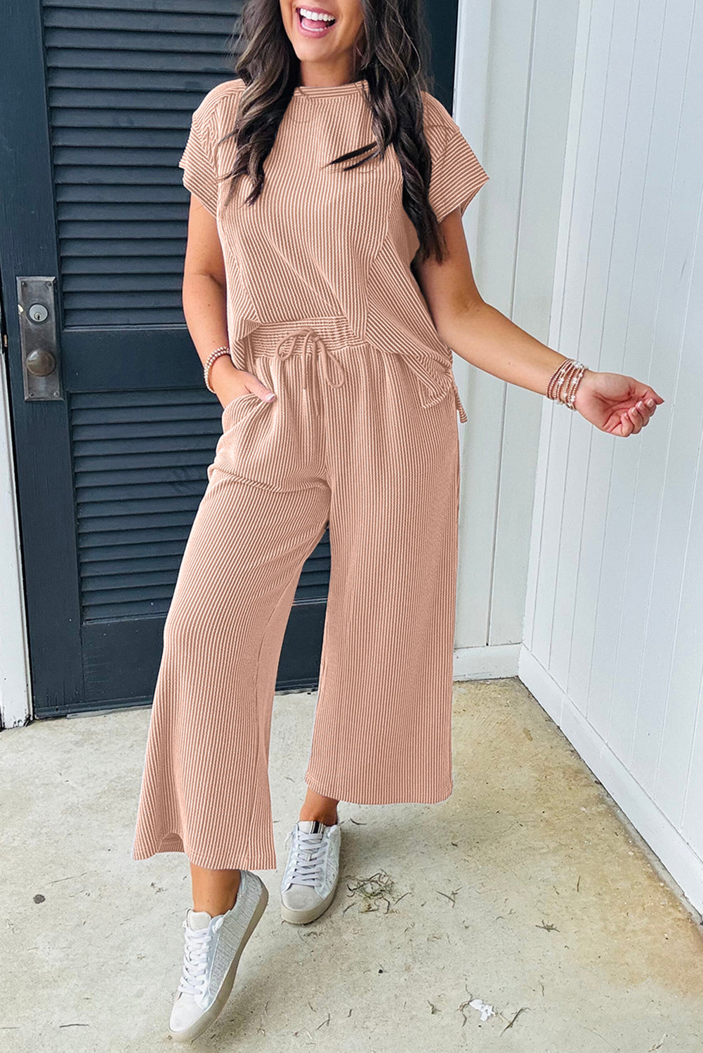 Beige Solid Corded Knit Short Sleeve T Shirt and Wide Leg Pants Set