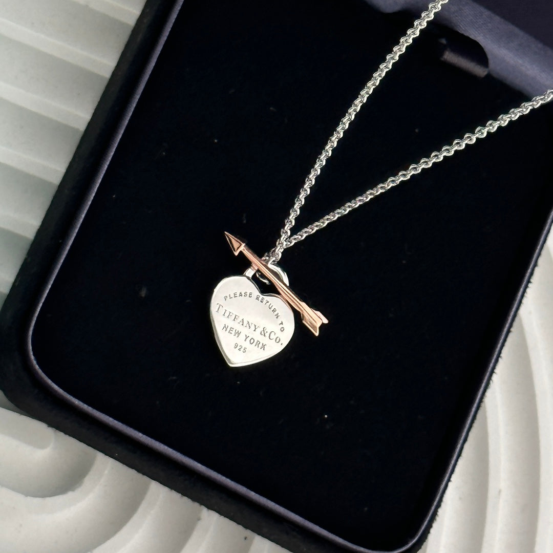 Silver Heart Tag Pendant with Rose Gold Arrow-Necklace